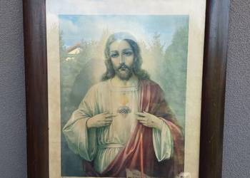 93 Stary przedwojenny obraz oleodruk Boskie Serce Jezusa 61x81cm