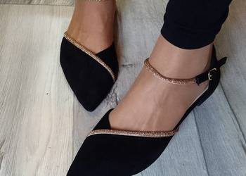 (42) Czarno - złote, bogato zdobione baleriny wieczorowe z zapięciem, NOWE