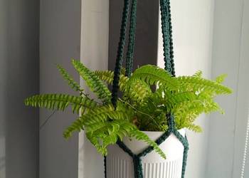 Kwietnik wiszący zielono biały macrama BOHO DIY dekoracja mieszkanie