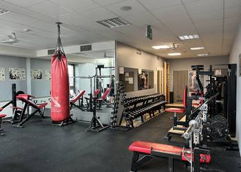 Kompletne wyposażenie siłowni firmy Hes- maszyny, hantle, talerze, podłoga