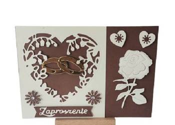 Zaproszenia Ślub Obrączki W Sercu Koronka B6 Brąz - Ecri
