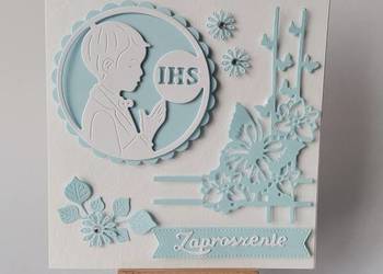 ZAPROSZENIA KOMUNIA CHŁOPIEC Z HOSTIĄ K4 BŁĘKIT BIEL