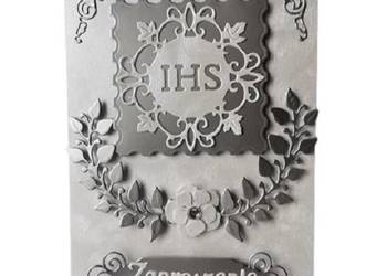 ZAPROSZENIA KOMUNIA UNIWERSALNE IHS Z KORONĄ W ŁUKU – B6 – SREBRO JASNE -