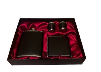 Piersiówka + Papierośnica + Kieliszki Skórzane Czarne w Opakowaniu Prezent