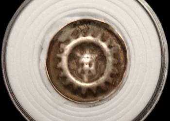 Gryfia XIV w.; głowa na wprost ukoronowana, promienisty otok.