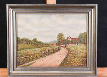 -ARTexpert- Obraz Olejny – Sielski Krajobraz Wiejski, Piękna Srebrna Rama