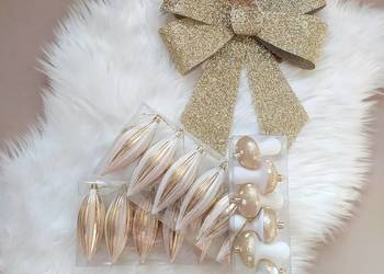 Zestaw ozdób choinkowych bombki złote białe sople grzyki