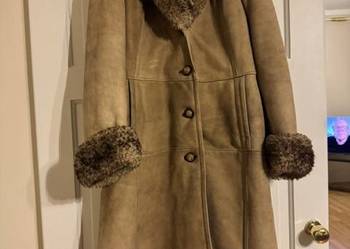 Kożuch damski S/M naturalny beżowy z obszyciem skóra vintage