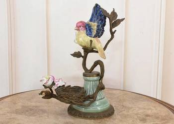 Świecznik Wróbel - Porcelana + Brąz - Kolorowy Ptak - Dekoracja