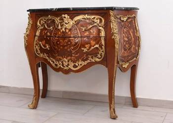 Drewniana Komoda Empire Brzuchata - Złote Okucia Brązem Blat Marmur - Szafa