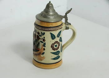 Zabytkowy niemiecki kufel ceramiczny z cynową pokrywką 0,5L / Vintage