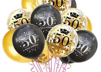 Balony 50-tka Złote Czarne z Konfetti Zestaw 15 sztuk