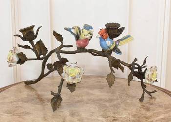 Świecznik Papugi - Porcelana + Brąz - Kolorowe Ptaki - Dekoracja