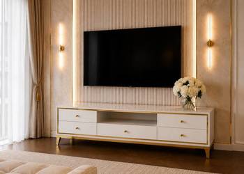 Szafka RTV LORENZO L Glamour Biały Połysk Srebrna Stal 200 cm