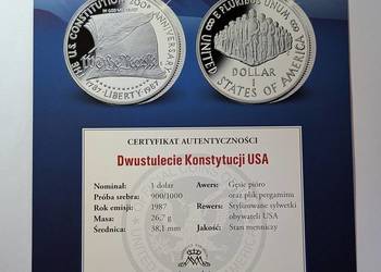 Certyfikat Autentyczności Skarbnica Narodowa – 1 Dolar Srebrny 1987