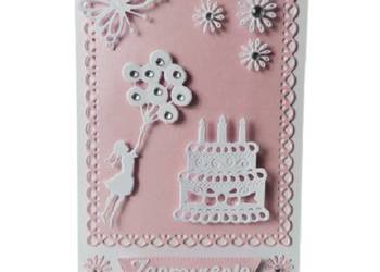 Zaproszenia Urodziny Tort Dziewczynka z Balonami B6 Jasny róż  - Biel