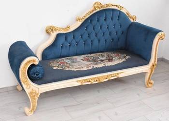 Niebieska Pałacowa Sofa Kanapa - Leżanka Szezlong - Styl Barok z Obrazkiem