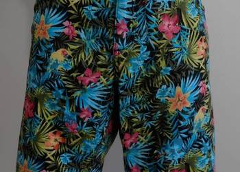 Spodenki Bermudy Bawełniane Szorty Czarne Roślinny Print Regular Fit XL