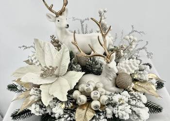 Ekskluzywny świąteczny stroik z jeleniami – biało-złoty, LED, dekoracja Boż