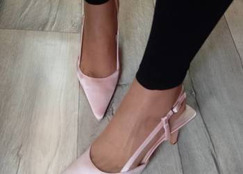 (40) Różowe/ Pudrowe czółenka szpilki wieczorowe z odkrytą piętą, NOWE