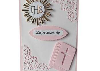 ZAPROSZENIA KOMUNIA DZIEWCZYNKA IHS Z KSIĄŻKĄ C6 RÓŻ - BIEL
