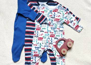 Piżama pajacyk body 3 pack Primark 56 62 niebieskie paski samochody bawełna