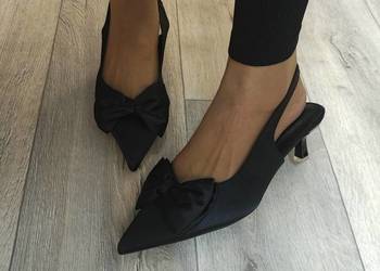 (43) Ekskluzywne, czarne czółenka wieczorowe z odkrytą piętą, NOWE