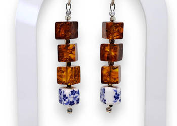 Kolczyki z BURSZTYNU, bursztyn bałtycki, kostka koniak, ceramika #1264