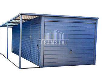 GARAŻ BLASZANY 3m x 5m + wiata 1m. - spad tył - Brama TS288 GARAŻ BLASZANY 3m x 5m + wiata 1m. - spad tył - Brama TS288