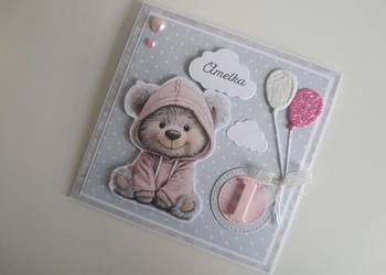 Personalizowana kartka na Roczek urodziny ręcznie robiona miś róż