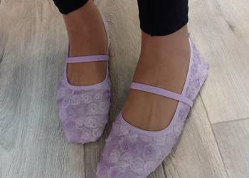 (41/42) Fioletowe liliowe Bogato zdobione różami baleriny wieczorowe, NOWE