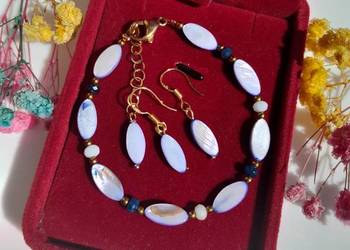 Bransoletka z naturalnej niebieskiej masy perłowej, akwamaryn, szafir.