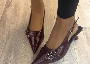 (42/43) Bordowe, niskie czółenka wieczorowe z odkrytą Pięta, Nowe