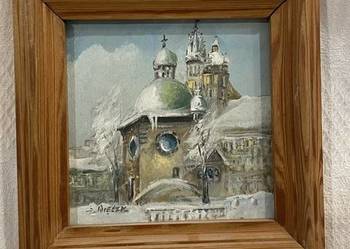 Obraz olejny J. Więcek – zimowy pejzaż z Kościołem św. Wojciecha
