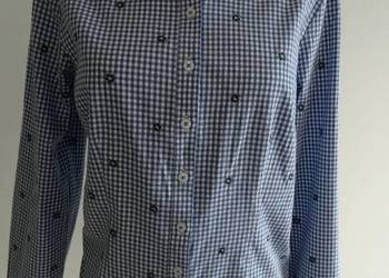 Koszula Biała w Niebieską Kratę Bawełniana Drobne Haftowane Kwiaty