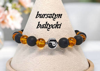 Bransoletka bursztyn bałtycki, kulki koniak czarne, yin yang #825