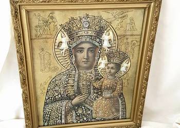Stary duży obraz MB Częstochowskiej za szkłem