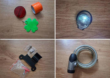 Zestaw do roweru blokada linka 12 mm lampka przednia odblaski pompka oring