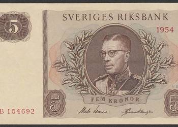 SZWECJA 5 KORON 1954 - STAN BANKOWY UNC -