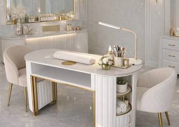 Biurko kosmetyczne z otworem na pochłaniacz biało-złote owalne 140 x 45 x…