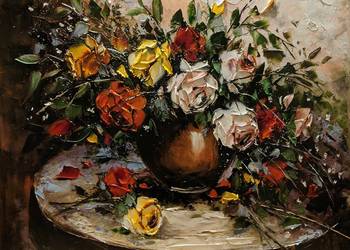 Kowalik - Bukiet róż - 60x50cm Obraz Olejny Kwiaty Róże Kwiaty Szpachelka