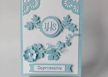 ZAPROSZENIA KOMUNIA CHŁOPIEC HOSTIA W LIŚCIACH C6 BŁĘKIT - BIEL