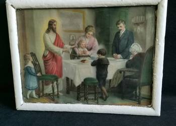Stary obraz oleodruk Modlitwa przed posiłkiem