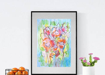 kwiaty akwarela, pastelowy rysunek 30x40, rysunek z kwiatami