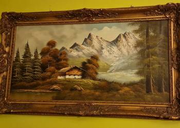 Stary Obraz Olejny – Malowniczy Pejzaż Górski (Tyrol) – Bogata Złocona Rama