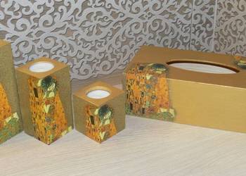 Komplet złoty Klimt chustecznik + 3 świeczniki decoupage
