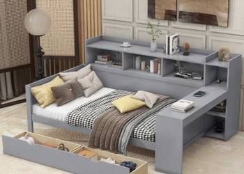 Sofa z łóżkiem pojedyncze - 2 szuflady biurko/półka Gniazdo USB szare