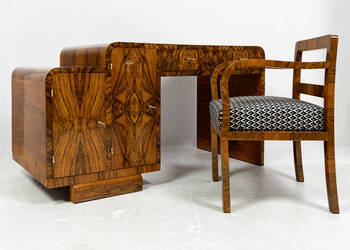Asymetryczne biurko Art Déco z fotelem Orzech 1925-1939 stare antyk