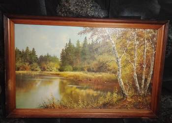 Pejzaż Helmut Glassl.Obraz.Staw otoczony lasem.71x110cm.