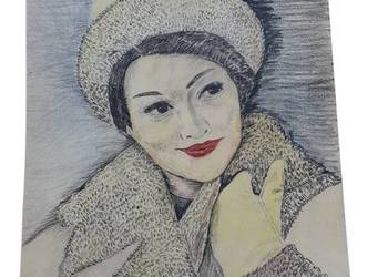 Stary obraz rysunek portret na arkuszu lata 50./60. unikat kolekcjonerski